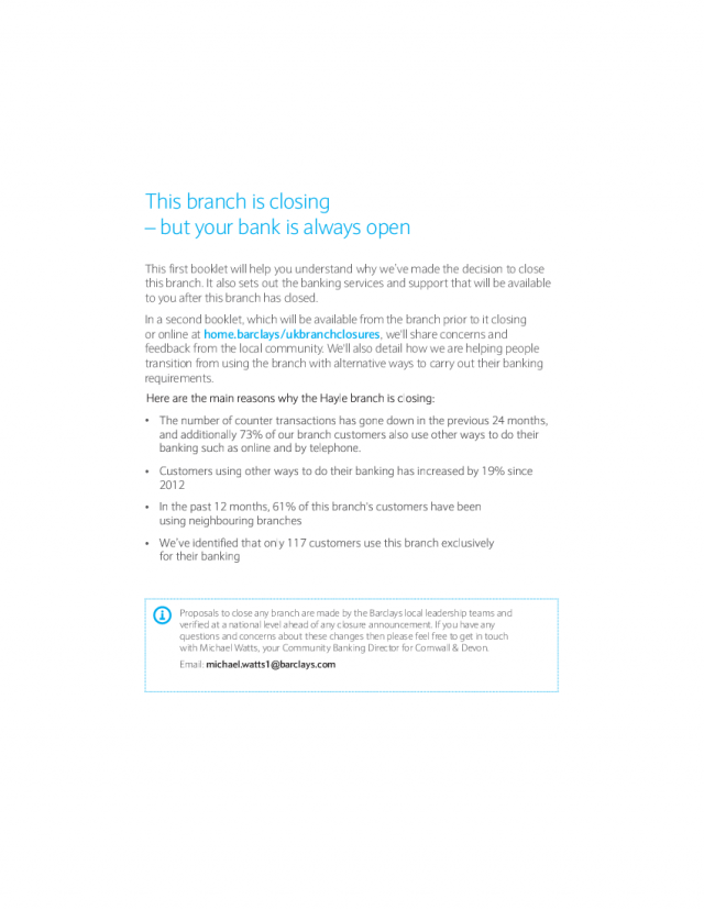 Main reasons Hayle branch is closing| Hayle Reason For Closure booklet